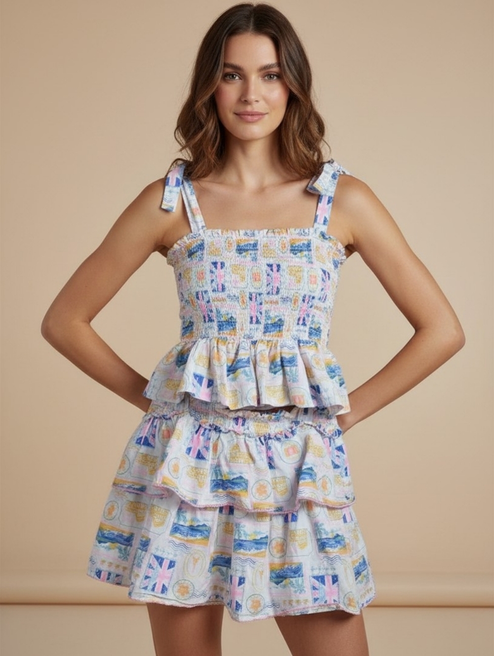 Haute Hippie 2 Piece Smocked Tank & Ruffled Skirt Multi-Colored Print Set Large